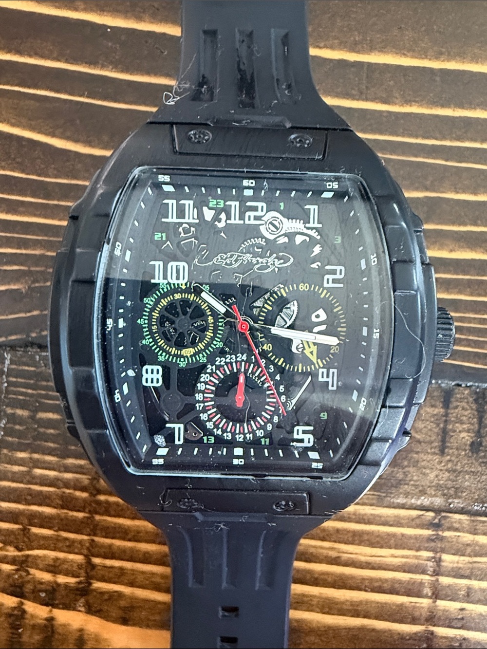 Ed Hardy men's tonneau chronograph watch featuring a distinctive square case wi